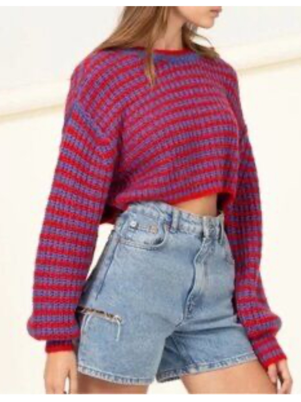 Zara Sweater Womens Medium Red Blue Striped Fuzzy Cropped